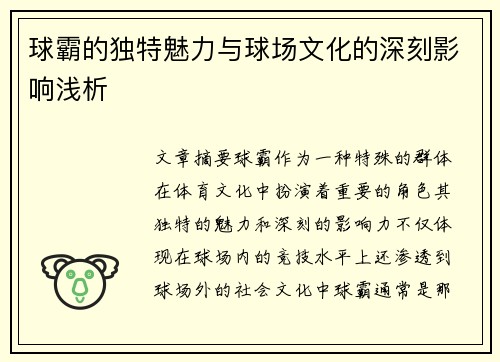 球霸的独特魅力与球场文化的深刻影响浅析